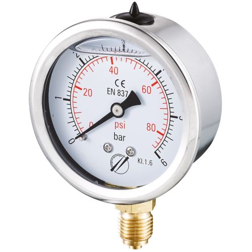 Manomètre glycériné boîtier inox Ø63 raccord vertical 1/4"G