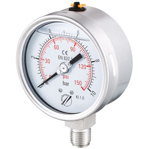 Manomètre glycériné tout inox Ø100 raccord vertical 1/2"G