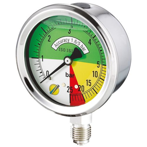 Manomètre glycériné boîtier inox Ø63 à Echelle Dilatée - raccord vertical 1/4"G