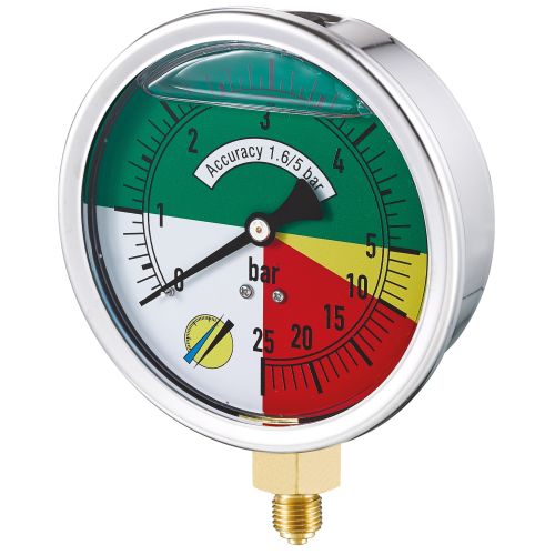 Manomètre glycériné boîtier inox Ø100 à Echelle Dilatée - raccord vertical 1/4"G