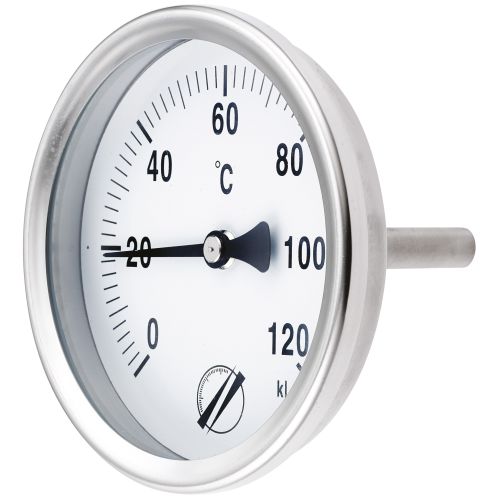 Thermomètre bimétallique tout inox Ø100 mm - plongeur axial Ø 8 x 100 mm